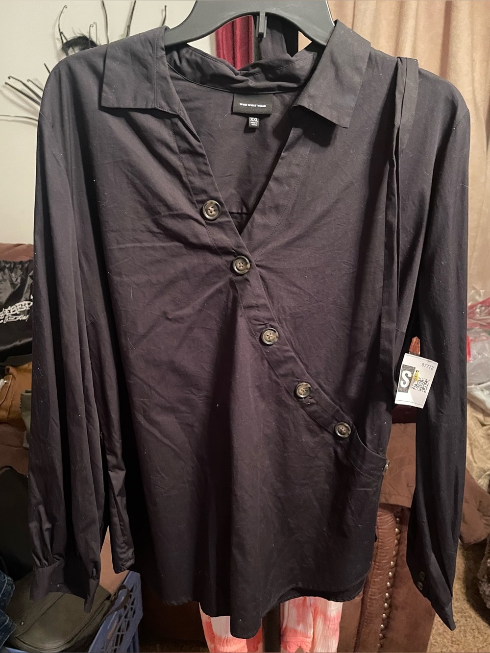 Who What Wear Black Asymmetric Button-Front Shirt With Tie Belt